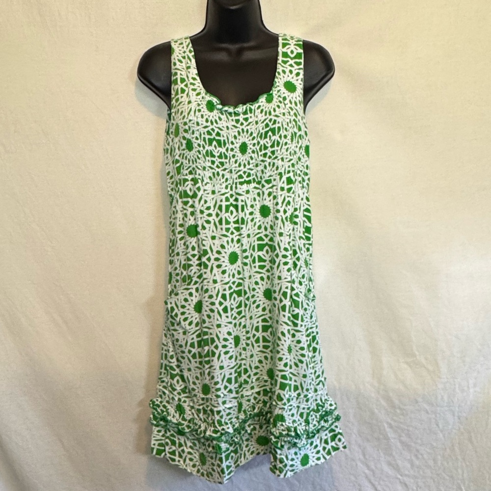 D-24 Escapada Green and White Sleeveless Ruffled Summer Dress Size XS